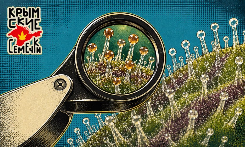 Семена конопли и трихомы под увеличительным стеклом — сувенирная продукция от Крымских семечек.